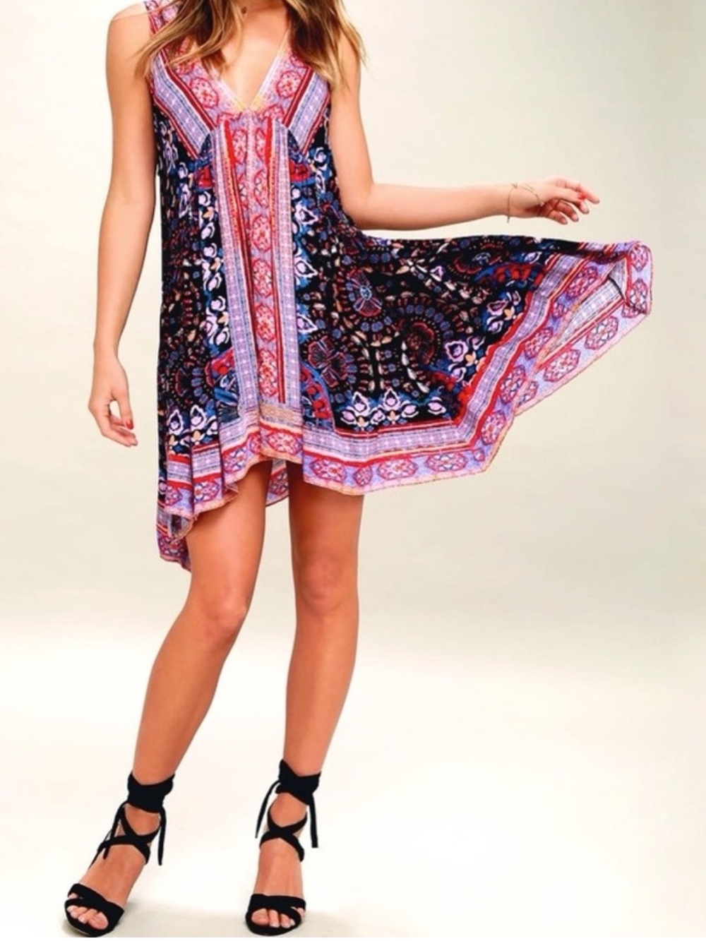 Free People Gypsy Trapeze Black Pink Purple Blue Boho Small Slip Mini Dress